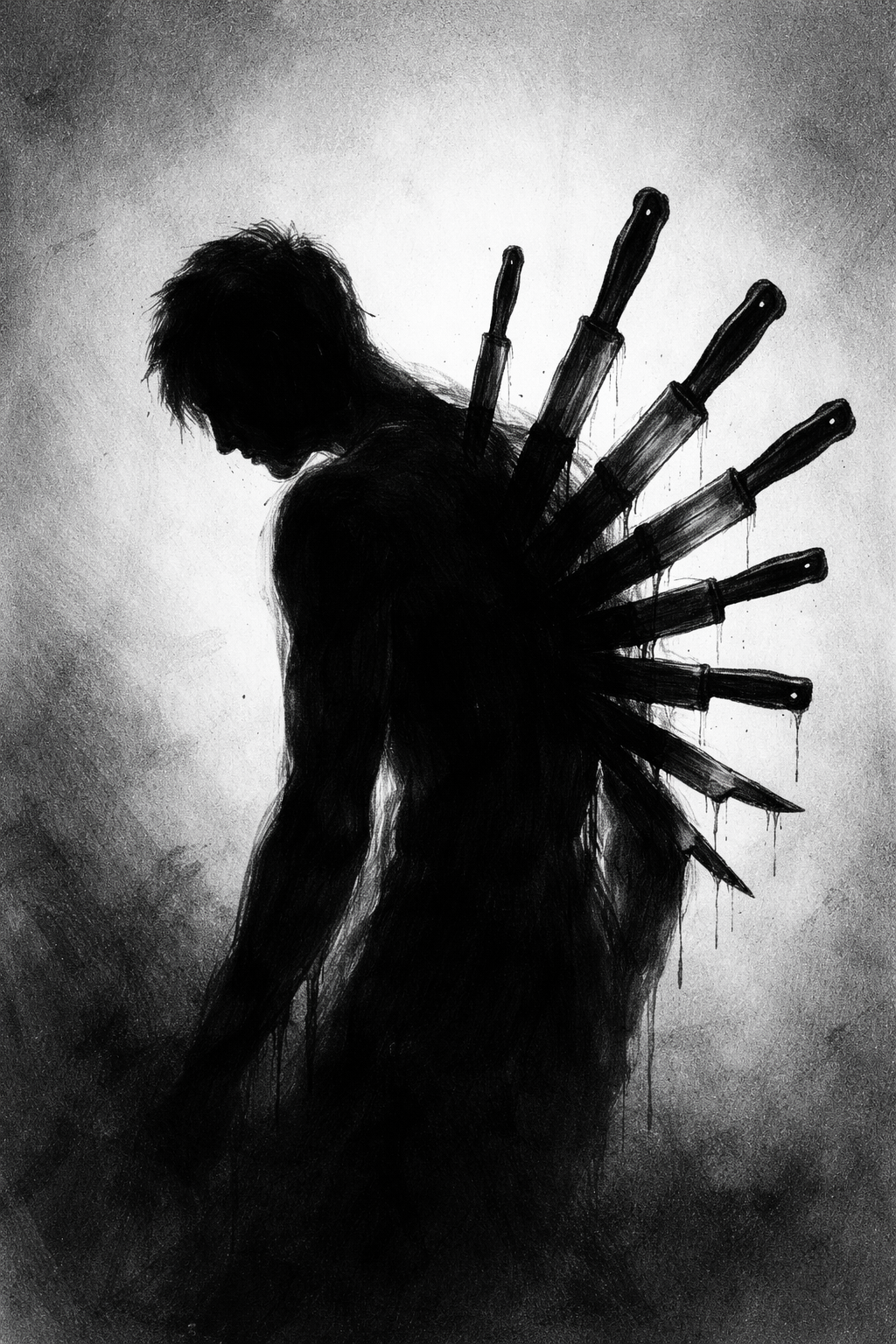 Figure curled in box, back against wall, knives still embedded