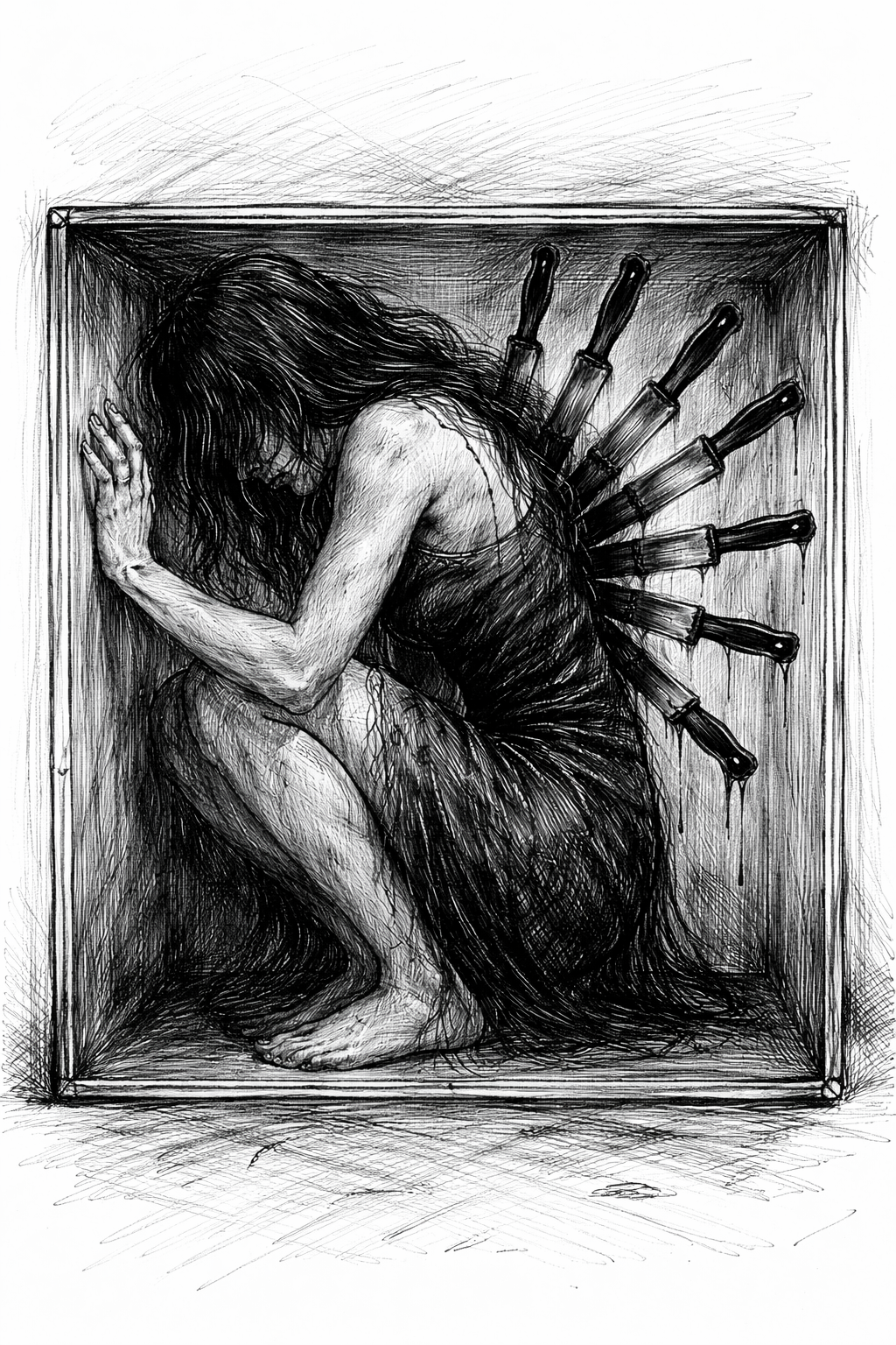 Silhouetted figure with knife-wings in mist